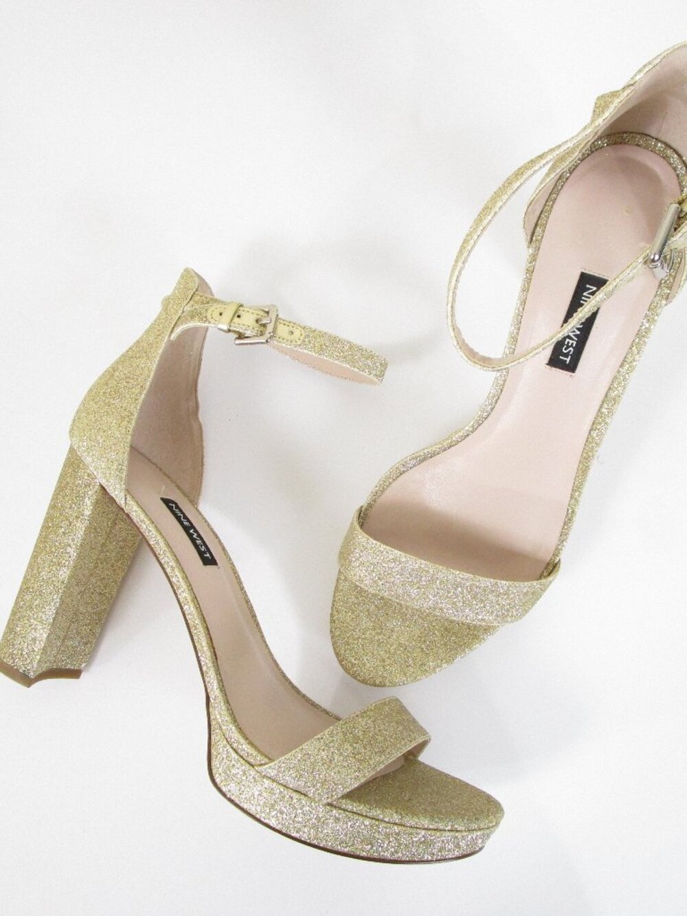 Nine West Womens Gold Metallic Glitter Ankle Strap Heels Pumps Size 11 Formal